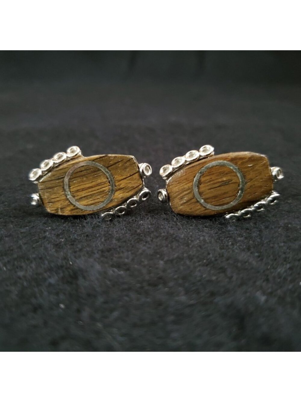 Vintage Swank Cufflinks Silver Tone Brown Wood Inlay 1.25"